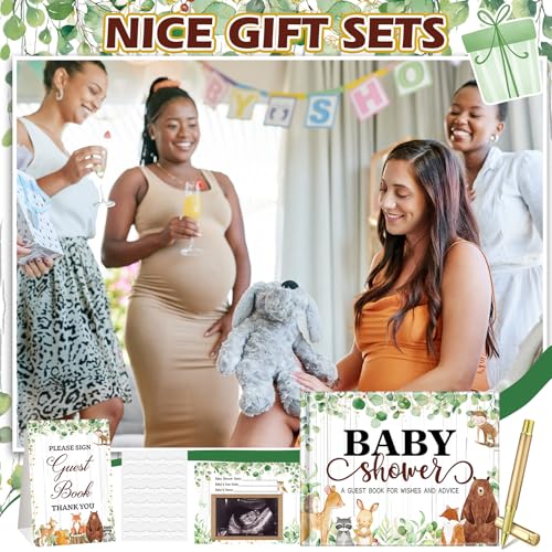 Image of Fuyoooo 27 Pcs Woodland Animal Baby Shower Guest Book Set Baby Shower Sign in Guest Floral Book Place Table Cards with Gold Pen Adhesive Photo Corner for Birthday Party