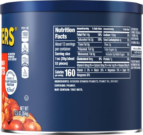 Image of PLANTERS Redskin Spanish Peanuts, Roasted Salted Peanuts, Plant Based Protein 12.5oz (1 Canister) (Pack of 2)