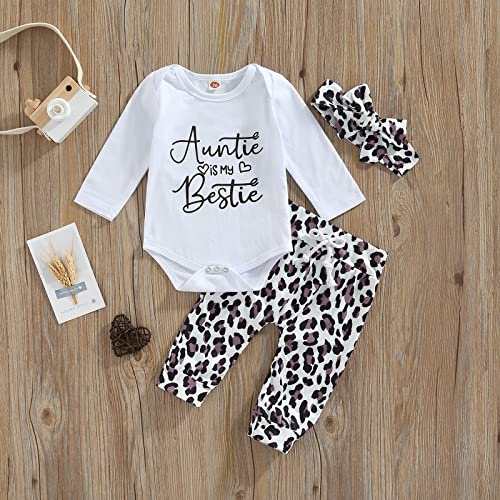 Newborn Baby Girl Clothes Aunties Bestie Clothing Set Long Sleeve Letter Printed Romper Top Long Pants (White, 3-6 Months) #TOP1
