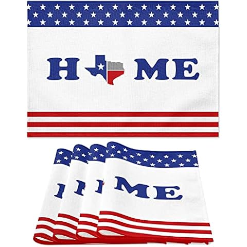 Placemats Set of 4, 4th of July American Flag Non Slip Heat Resistant Cotton Linen Fabric Cloth Place Mats, Patriotic Blue Red Stars and Stripes Square Washable Dining Table Mat for Home Kitchen Decor Cover