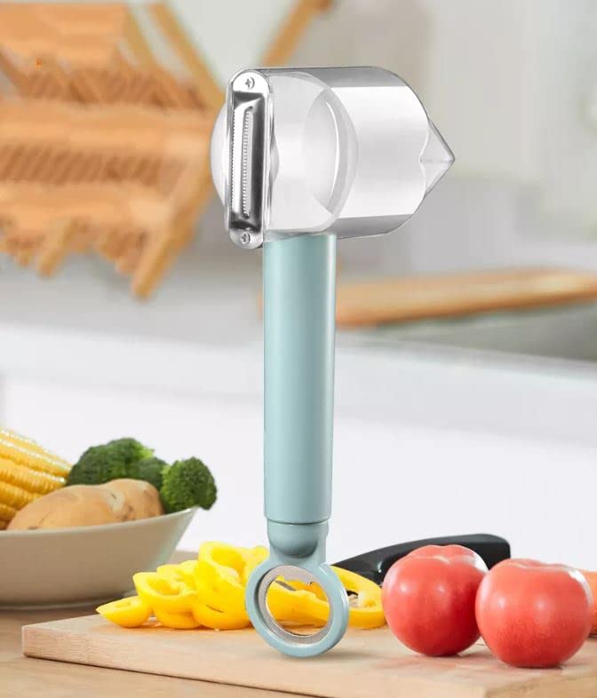 Monkey Monks Vegetable Fruit Peelers, with Built in Storage Cup Box for Peelings, Bottle Opener 2 in 1 Double Head Potato Peeler Kitchen Tool Accessories, Blue, 20x6 cm (MM001)