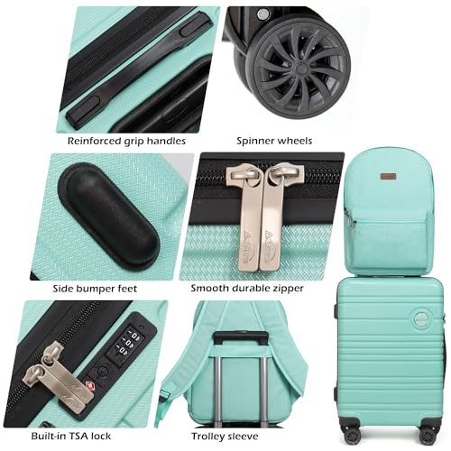 PC+ABS Durable Carry-On Luggage with Spinner Wheels TSA Lock，20-Inch with Waterproof Weekend Backpack Wash Bag(Mint Green) image 1