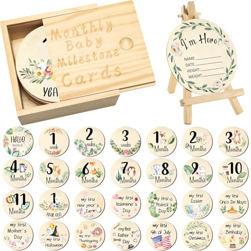 Image of Wesiti 31 Pcs Baby Monthly Milestone Sign Wooden Set Double Sided Hello World Milestone Cards Pregnancy Journey Birth Announcement Props for Baby Boy Girl (Vivid)