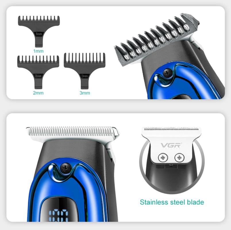 Image of VGR V-981 Professional Digital Display with Turbo function Rechargeable cordless Pro Self Haircut Hair Clipper Beard trimmer Hanging Loop Stainless steel Blades USB Charging cable 3 Guide Comb, Blue