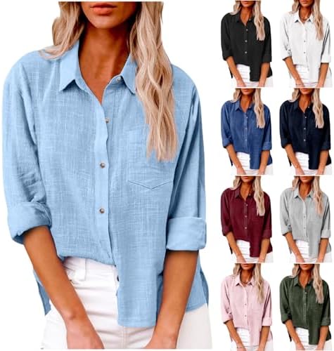 Linen Shirts for Women Long Sleeve Cotton Linen Blouses Lapel Button down Shirt Casual Summer Vacation Beach Shirts