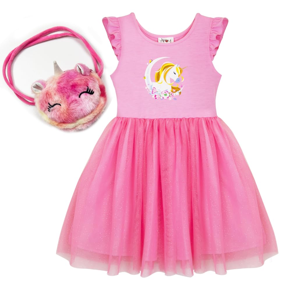 Toddler Girls Pink Unicorn Dresses Casual Short Sleeve Tutu Dress for Little Girl 3-7T with a Rainbow Unicorn Furry Pouch