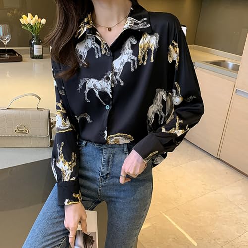 Womens Button Down V Neck Shirts Long Sleeve Casual Dressy Horse Printed Blouses Tops3