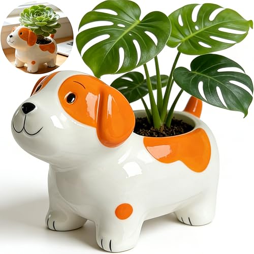 5 Ceramic Cute Dog Planter for Indoor plants & Drainage Hole-Succulent Pot-Small Dog Flower Herbs Planters Small Plants Pot-Home Desk Decor Garden Gift for Dog Lovers (White 5L x 3W x 3.4H)