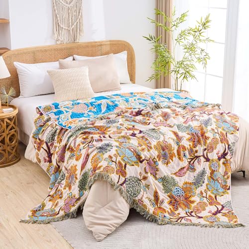 Image of XIBLC Boho Throw Blanket for Bed, 100% Cotton Soft Rustic Quilt Fall Blanket, 50 inchx60 inch Floral Printed Farmhouse Decor Bed Blankets, All Season Rustic Reversible Bohemian Throw Quilt