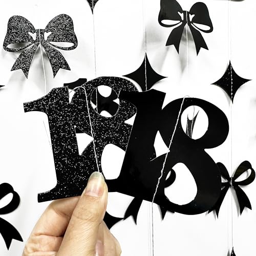 Image of Black 18th Bow Birthday Decorations Glitter Conquette Bow Garland Streamer Banner Backdrop for Girls Boys Happy 18th Birthday Time to Adult Cheers to 18 Years Old Anniversary Party Supplies