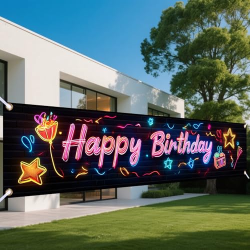 Image of Nuxovilar Birthday Neon Theme Banner 17.72x78.74 Inches Polyester