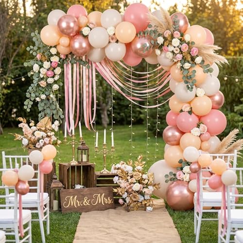 Image of RUBFAC 65pcs 12 Inches Retro Pink Balloons Metallic Blush Rose Gold White Sand Nude Party Balloons with Ribbons for Birthday, Wedding, Baby Shower, Graduation Decorations