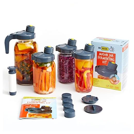 My Mason Makes - Fermentation Kit - A Mold Free Fermenter for Easy Pickling - 4 Multi Purpose Lids + Fermenting Caps + Recipe Book + Extractor Pump + Bonus Accessories - Updated Material and Handle
