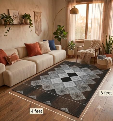 Image of Modern Geometric Chenille Area Rug (4' x 6') - Soft Coffee Brown Patterned Carpet for Living Room, Bedroom & Office | Durable & Easy-Clean Floor Decor