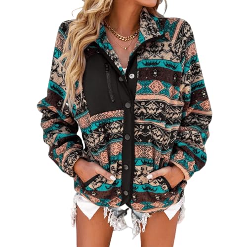 Womens Fuzzy Fleece Jacket Casual Western Aztec Print Jacket Winter Warm Long Sleeve Snap Button Down Shacket Coat3
