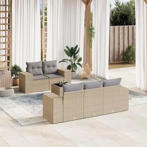 Runheo 6-Piece Garden Sofa Set, Beige Poly Rattan, Modular O