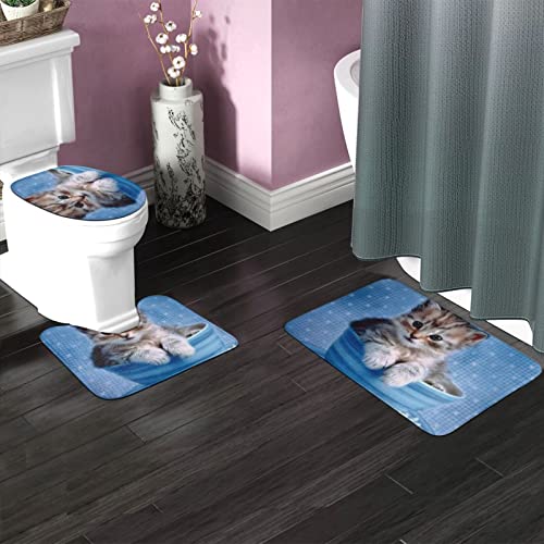 DIRYKILP Badematte + Konturmatte + Toilettendeckelbezug, Süße Tasse Katze 3 Stück Badematte Set, mit rutschfester Klebeunterseite – Bild 3