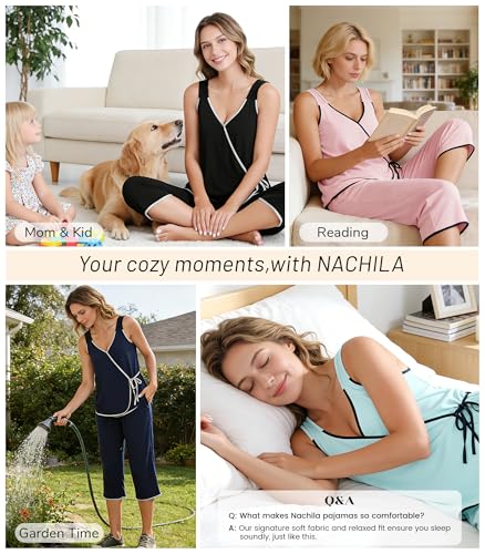 Image of NACHILA Pajamas Set for Women-Viscose Made from Bamboo, Sleeveless Pjs Cool V Neck Sleepwear Soft Capri Pants Pajama Sets