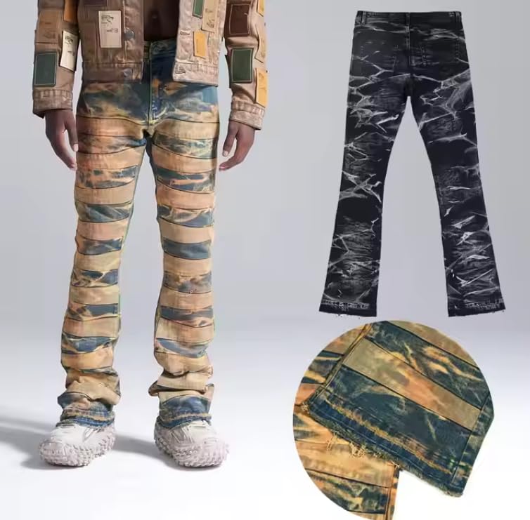 Loose-Layered Men's Denim Jeans with Tie-dye Fringe at The Waist and Mid-Length Casual Street-Style Denim Pants3