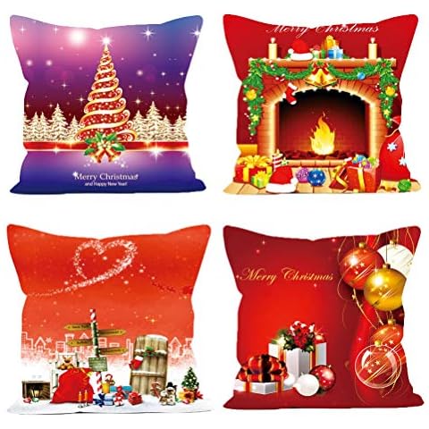 EURhine Christmas Throw Pillow Covers 18x18 Inch 4 Pack Decorative Santa Claus Xmas Pillowcase Cotton Linen Squared Home Decor Cushion Sofa Pillow Cases Sets B Cover