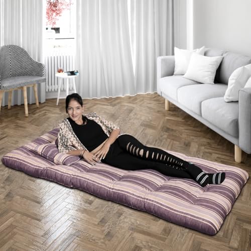 Image of Single Bed Mattress, Natural Cotton, 2.5 x 6 Feet | Mehroon and White Stripe Pattern, Foldable, Ruyi Gadi, For Guests