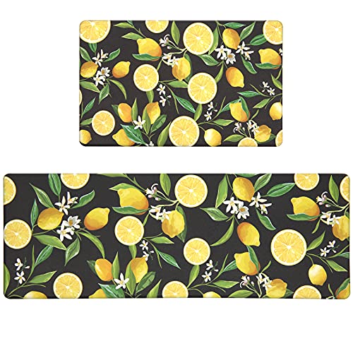 Shacos Lemon Kitchen Rugs Mats Set 2 Pieces Anti Fatigue Cushioned Kitchen Floor Runner Rug Set Wipe Clean Non Slip Waterproof Standing Mat For Kitchen Office Laundry Room, 17"X27.5"+17"X47",Black #TOP14