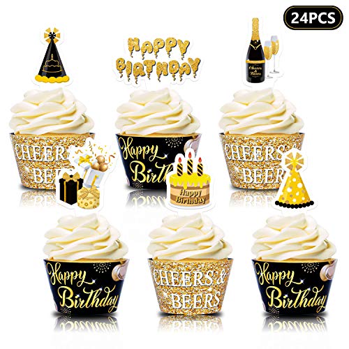 Happy Birthday Cupcake Wrappers Beer Cupcake Toppers Cheers & Beers theme for Men