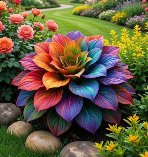 Multi-Colored Variegated Hosta, Easy to Care for, Ideal for Layered Landscaping in Gardens and Flower Borders Hardy Perennial, Excellent Display-6 Bulbs-E