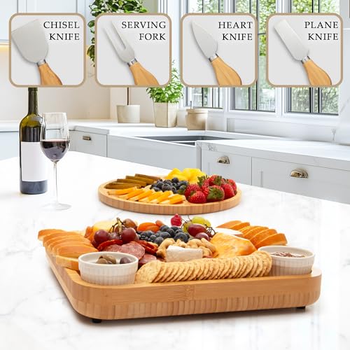 Image of Zulay Kitchen Premium Bamboo Charcuterie Board - Extra Thick Bamboo Board with 4 Piece Knife Set - Perfect for Charcuterie, Wine and Cheese