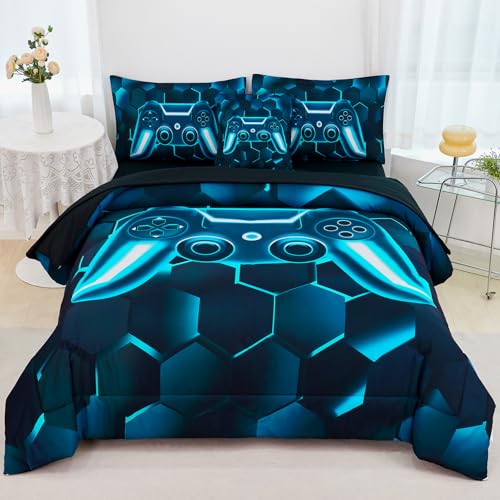 URBONUR Blue Teal Kids Comforter Set Full Size 6 Pieces Video Game Printed Gamer Bedding Set for Boys Teen Girls, Bed in a Bag Full Comforter with Sheets Set