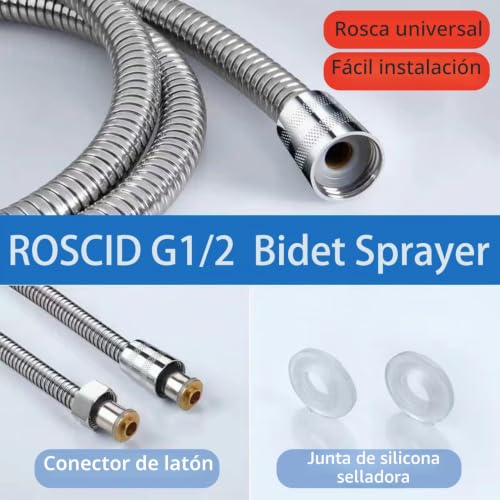 Miniatura 3 de Roscid Grifo Bidet Para Wc Con Manguera De 2m Y Soporte, Ducha Higienica Para Wc Con Desviador De Grifo De 3 Vías G1 2 M22-24, Kit De Rociador De Bidé Para Limpieza Y Higiene Personal Plateado