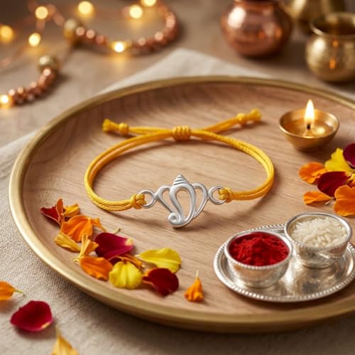 Image of Parnika 925 Pure 92.5 Sterling Silver Ganesha Rakhi Bracelet for Brother | Hallmarked Silver Rakhi for Bhai & Bhaiya | Raksha Bandhan Gift with Roli Chawal | Premium Thread Rakhi
