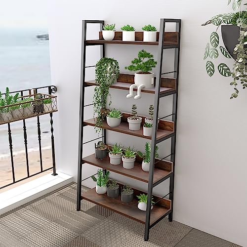 Himimi Bookshelf, Industrial Wood Bookshelves and Bookcases, Ladder Shelf 5 Tier with Metal Frame for Living Room, Bedroom, Kitchen, Home Office, Rustics Brown