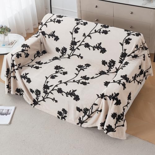Image of HOKIPO Soft Plush Sofa Throw Cover for 2 Seater Sofa - Luxury All-Season Sofa Cover, 'Noirea Series' Botanical Vine (180x250 cm) (AR-6652-D5)