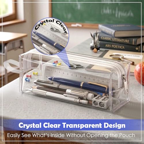 Image of GLUN Transparent Rectangular Stationery Pouch with Zipper, Clear Boxy Storage Case, Multi-Purpose Cosmetic & Utility Organizer for School, College & Office