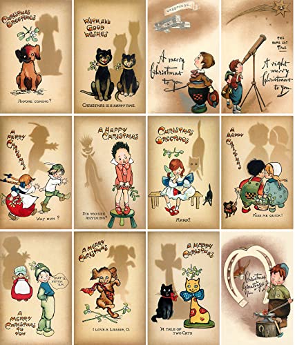 Image of PIXILUV CUTE CHRISTMAS (Pack of 12) Notecards Small Greeting Cards # Cute Cartoon Kids and Their Shadows ~ Vintage Christmas Postcards Reprint