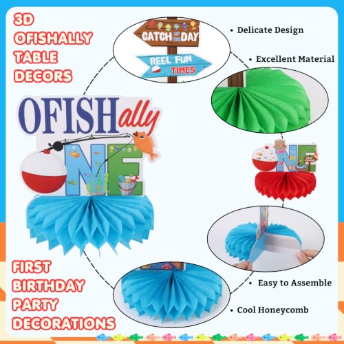 Image of 9pcs Ofishally One Table Centerpieces for First Birthday Party Decorations Gone Fishing Honeycomb Centerpieces for Boys 1st Birthday Table Topper Sign Decors O Fishally Baby Shower Party Supplies