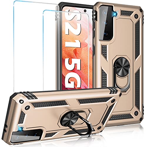 Image of Case for Samsung Galaxy S21 5G Case Heavy Duty with Built in Screen Protector Hard Armor Military Anti-Fall Bumper Cover for Samsung S21 5G 6.2 2021 Phone Cases with Magnetic Ring Kickstand (Gold)