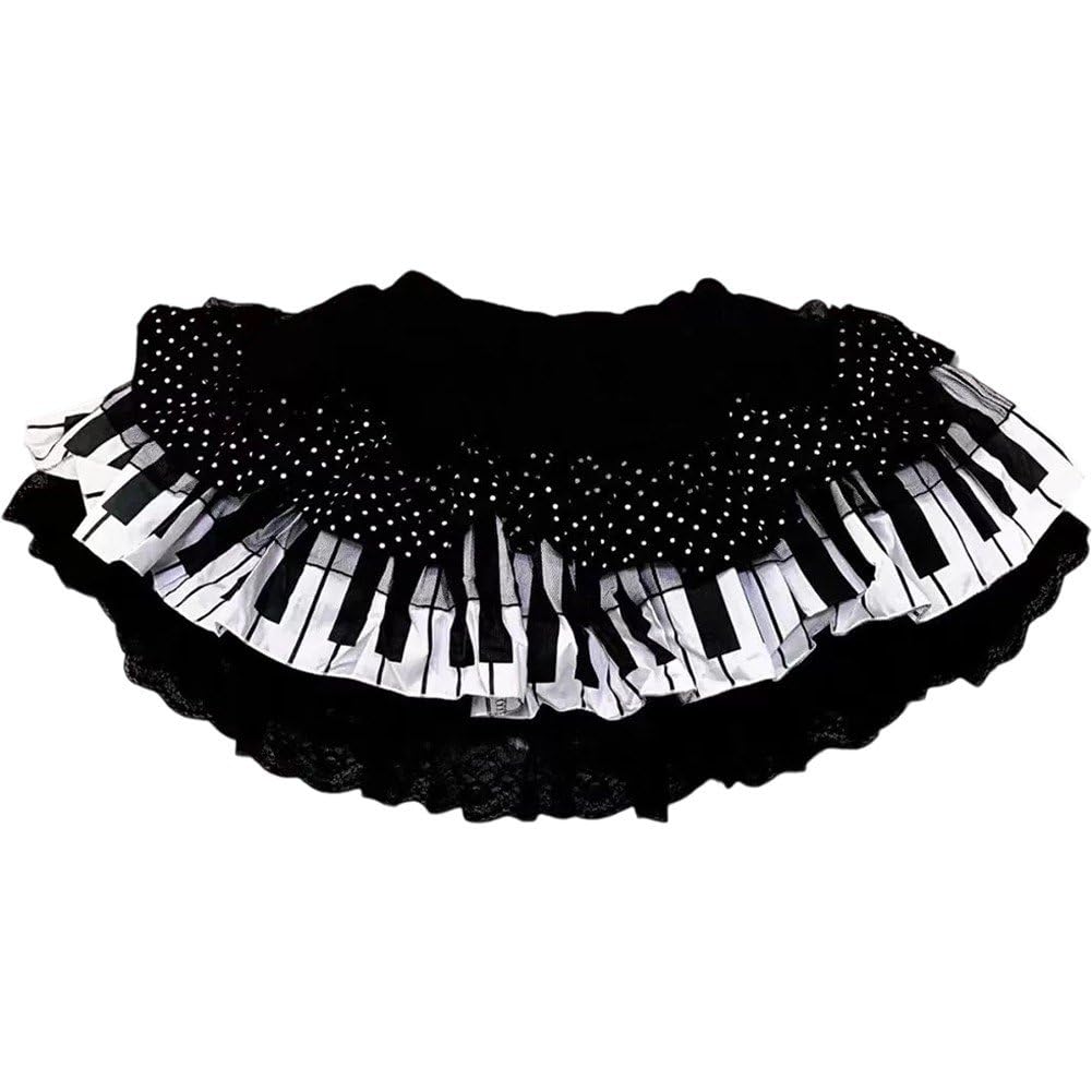Uzztfa Women's Black Pleated Y2k Cute Skirt Elastic Waist And White Piano Key Trendy Lace Skirt Short Skirt Piano Skirt Mini Skirts For