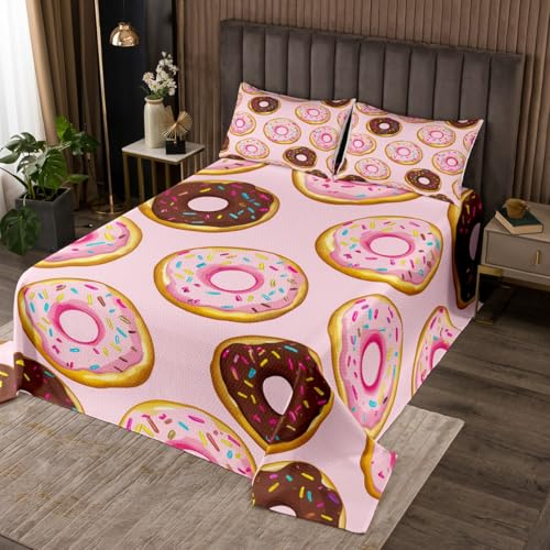 Loussiesd Juego de colcha de donas rosas, tamaño King, juego de colcha de postre caprichoso para niños, niñas, adolescentes, decoración de dormitorio, colcha acolchada con donas de chocolate, para