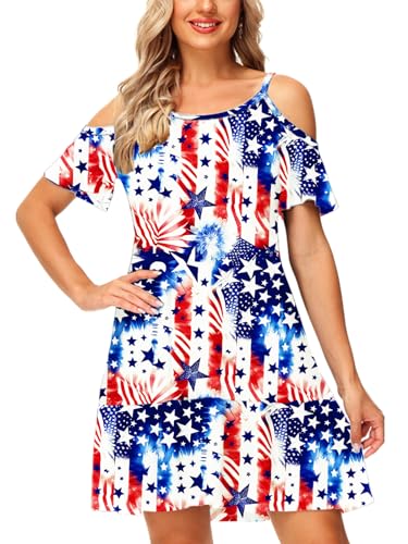 Image of Deerose Womens 4th of July Dresses Cold Shoulder American Flag Tie Dye A-Line Dress with Pockets