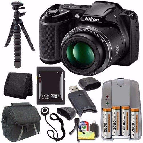 Nikon COOLPIX L340 Digital Camera (Black) - International Version (No Warranty) + 4 AA Pack NiMH Rechargeable Batteries and Charger + 32GB SDHC Card + Case Saver Bundle
