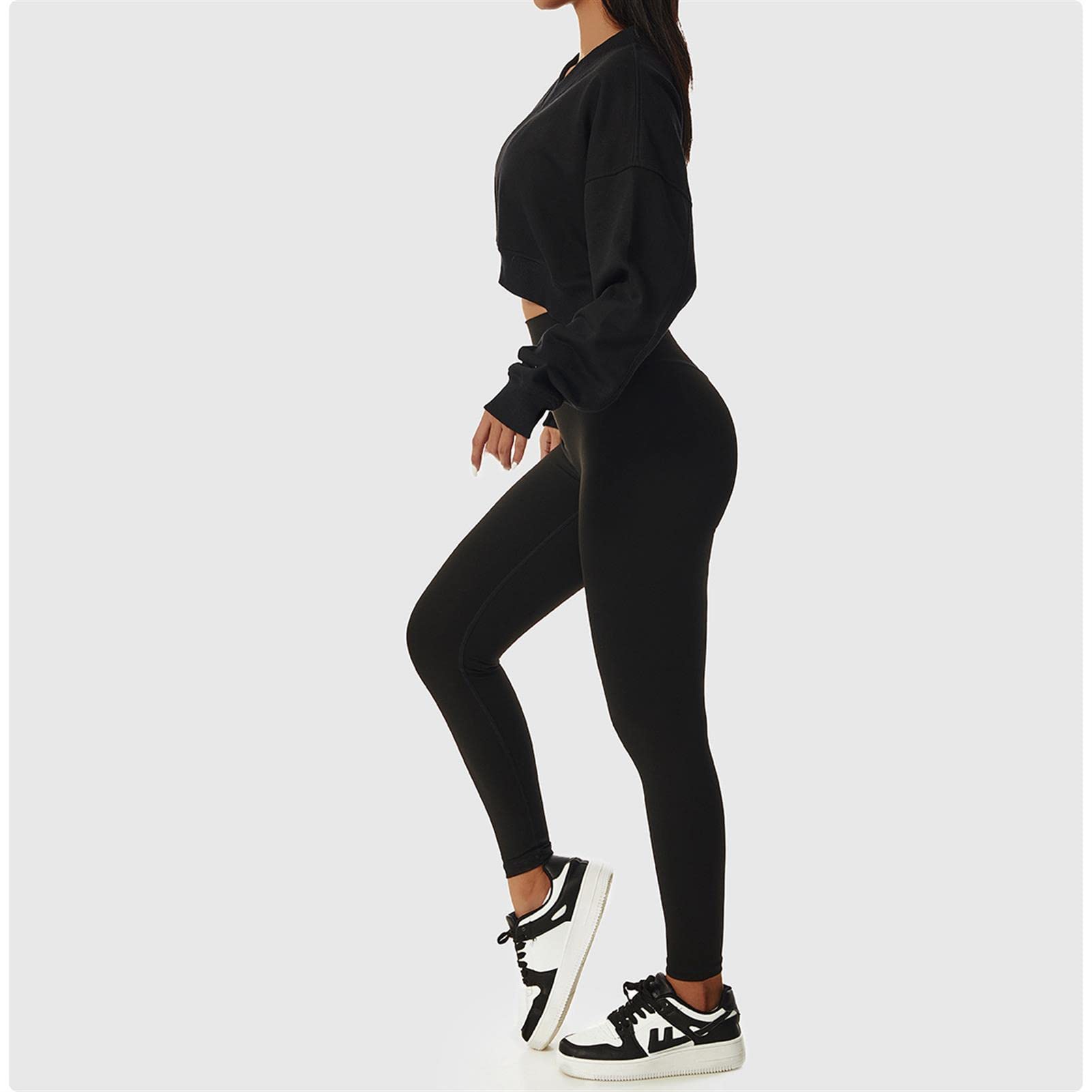 Damska luźna bluza sportowa z długim rękawem dekolt w serek sweter na co dzień topy crop trening gorset kurtka outdoorowa odzież fitness, czarna, 8/S