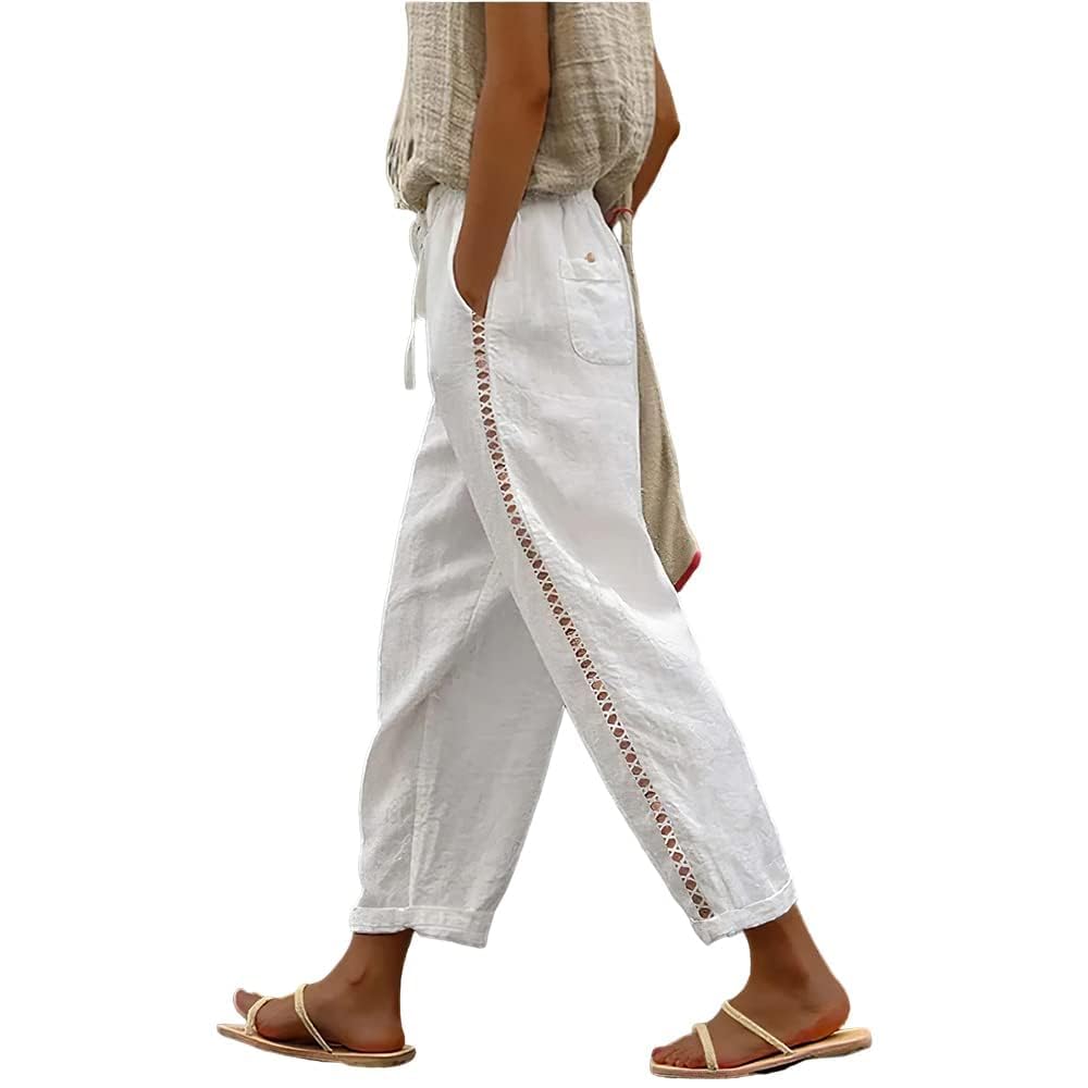 Womens Casual Pants Summer Fall Straight Legs Drawstring Waisted Pant Comfy Lightweight Solid Color Trousers Pocket