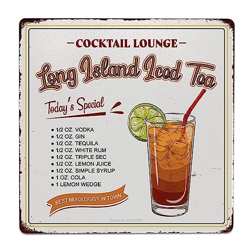 Cocktail Poster Vintage Metal Signs, Long Island Iced Tea Cocktail Recipes Tin Sign Decoration Bar Accessories Hanging Crafts Home Kitchen Pub Man Cave Wall Art Decor 8x8 Inch