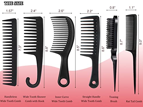 6 Pcs Hair Comb Teasing Brush Set,Wide Tooth Comb For Detangling,Teasing Brush Fine Tooth Rat Tail Comb For Styling,Shower Comb With Hook Women Men. (Black) #TOP5