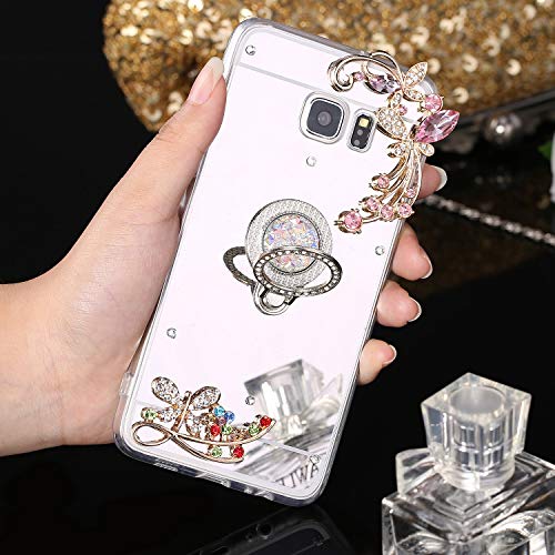 Robinsoni Case Compatible with Samsung Galaxy S6 Phone Case Silicone TPU Cover Galaxy S6 Flexible Case 360 Degree Rotation Ring Case Kickstand Cover Sparkle Bling Phone Cover Gel Soft Case Silver