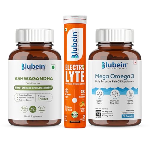 Image of Blubein Fitness Combo|Mega Omega 3 Fish oil Capsules 60N|Ashwagandha with 5% withanolides 60N | Electrolyte for Instant Energy 20N