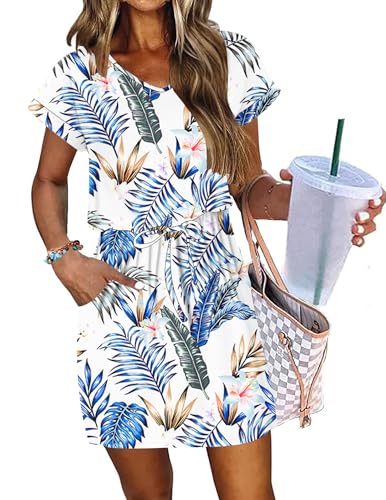 Image of AUSELILY Womens Summer Mini Dress, Short Sleeve V Neck Drawstring Casual | Tshirt dress with drawstring waist and pockets. Ideal sundress for daily outing, beach and vacation