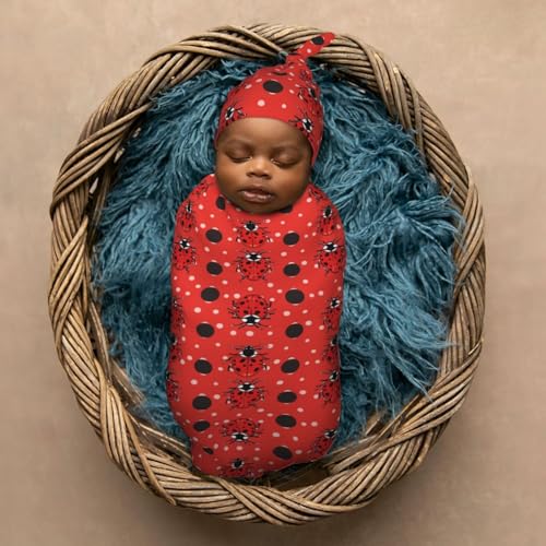 Image of Polka Dot Ladybug Newborn Swaddle Blankets Hat Sets Soft Baby Receiving Blanket Swaddle Sack for Baby Shower Infant Boy Girl Gift